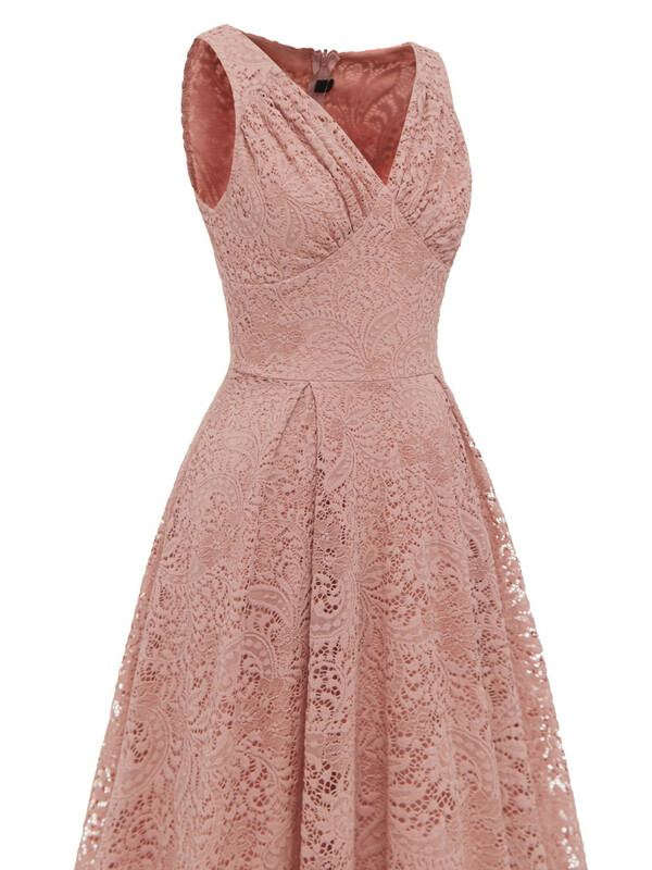 Tonval V-kaelusega kõrge vöökohaga vintage riided Naiste roosad pitsilised plisseeritud Midi-kleit Varrukateta suvine elegantne peokleidid naistele