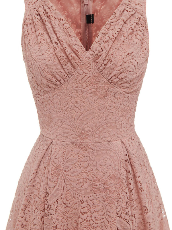 Tonval V-kaelusega kõrge vöökohaga vintage riided Naiste roosad pitsilised plisseeritud Midi-kleit Varrukateta suvine elegantne peokleidid naistele