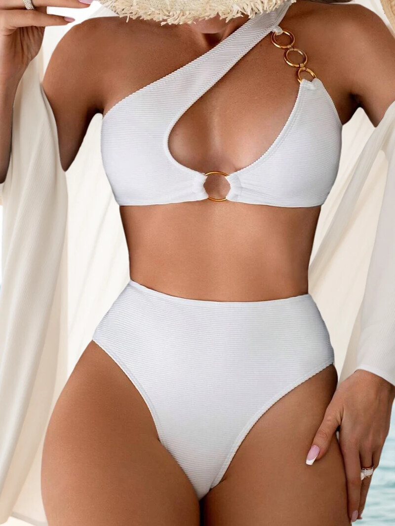 naiste seksikas ühevärviline ujumistrikoo ühe õlaga väljalõigatud ümmarguse rõnga detailiga ujumisriided seljata bikiinid kaheosaline supelkostüüm