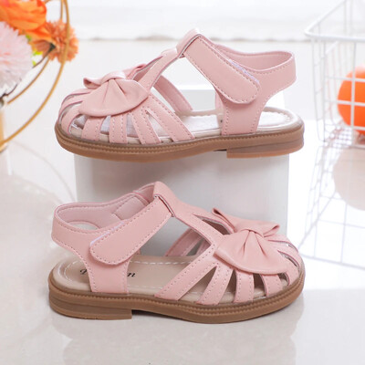 Cute Girls Sandals Bow Peep-toe 2024 Jauns Soft Hook & Loop Bēšs Bērnu Princešu apavi ikdienas apavi PU Cute Bērnu apavi Neslīdoši