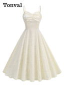 Tonval Jacquard Λευκό Vintage Φόρεμα για Γυναικείο Βραδινό πάρτι γενεθλίων με ψηλόμεσο ρολό με λαιμόκοψη V