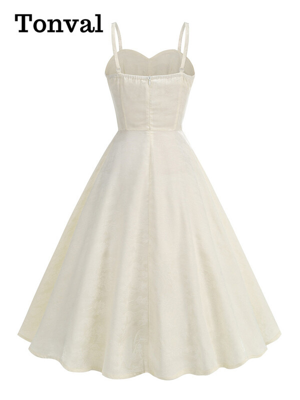 Tonval Jacquard Λευκό Vintage Φόρεμα για Γυναικείο Βραδινό πάρτι γενεθλίων με ψηλόμεσο ρολό με λαιμόκοψη V