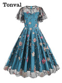 Tonvali türkiissinine elegantsed õhtused pikad sünnipäevakleidid naistele Luksuslik lilledega tikitud võrkkleit, varrukatega vintage kleit