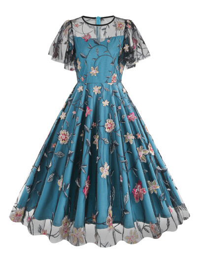 Tonvali türkiissinine elegantsed õhtused pikad sünnipäevakleidid naistele Luksuslik lilledega tikitud võrkkleit, varrukatega vintage kleit