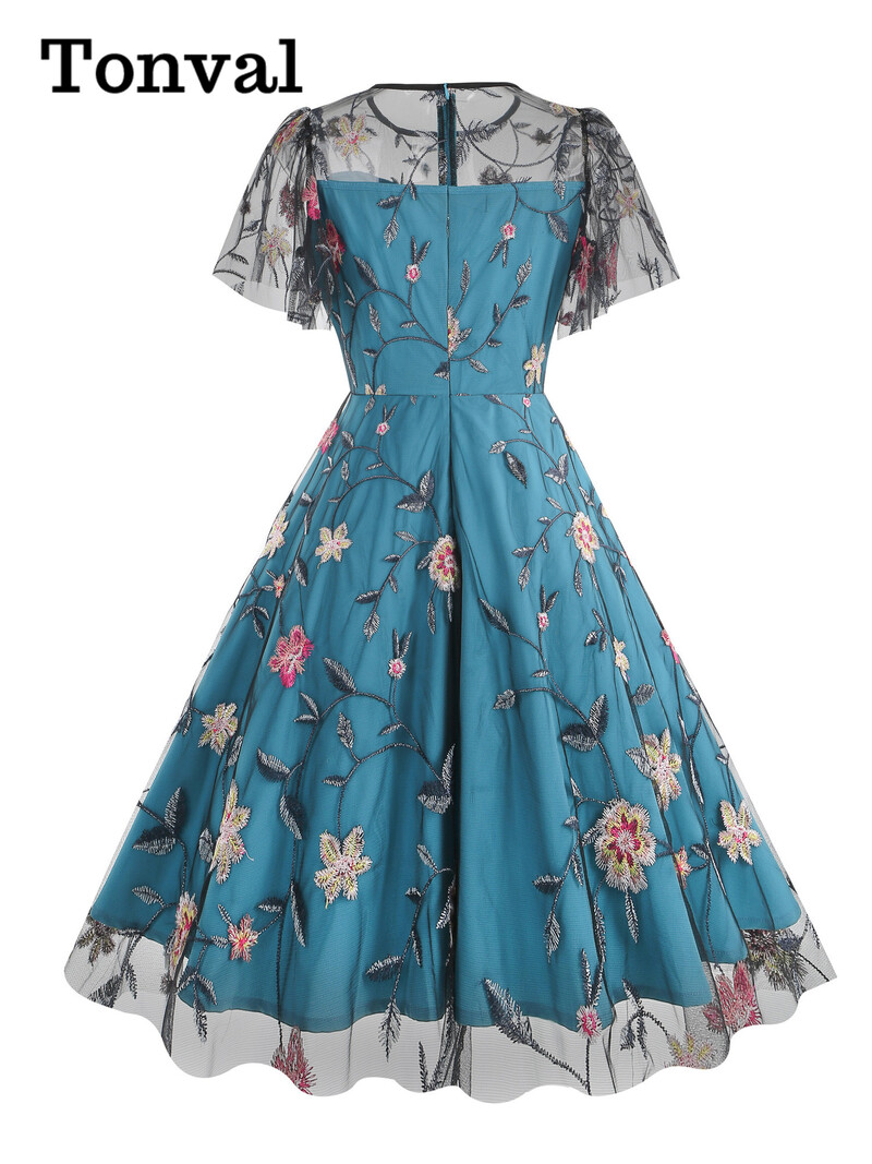 Tonvali türkiissinine elegantsed õhtused pikad sünnipäevakleidid naistele Luksuslik lilledega tikitud võrkkleit, varrukatega vintage kleit