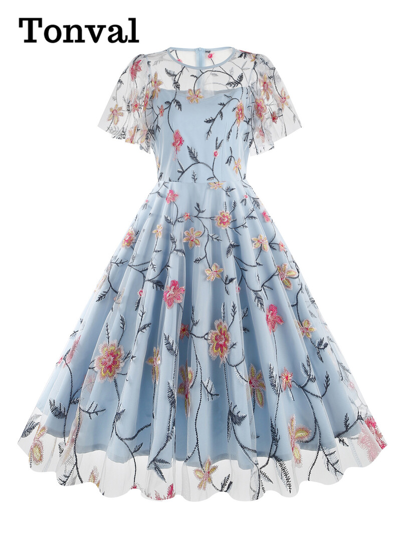 Tonvali türkiissinine elegantsed õhtused pikad sünnipäevakleidid naistele Luksuslik lilledega tikitud võrkkleit, varrukatega vintage kleit