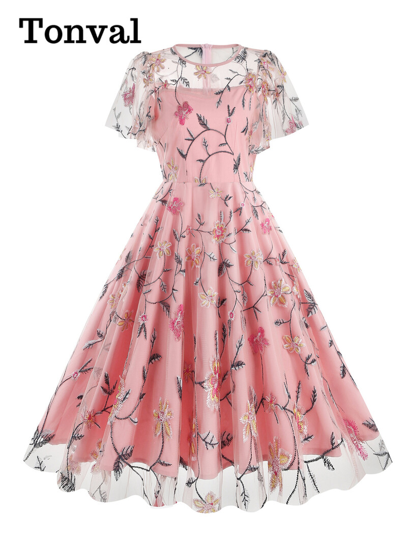 Tonvali türkiissinine elegantsed õhtused pikad sünnipäevakleidid naistele Luksuslik lilledega tikitud võrkkleit, varrukatega vintage kleit