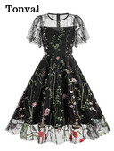 Tonvali õhtupeo elegantsed kleidid Luksuslik 2023. aasta naiste suvine O-kaelusega lühikeste varrukatega lilleline võrk, tikitud vintage pikk kleit