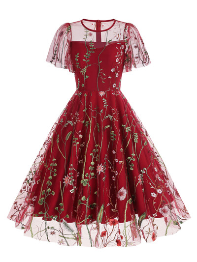 Tonvali õhtupeo elegantsed kleidid Luksuslik 2023. aasta naiste suvine O-kaelusega lühikeste varrukatega lilleline võrk, tikitud vintage pikk kleit