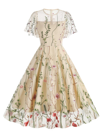 Tonvali õhtupeo elegantsed kleidid Luksuslik 2023. aasta naiste suvine O-kaelusega lühikeste varrukatega lilleline võrk, tikitud vintage pikk kleit