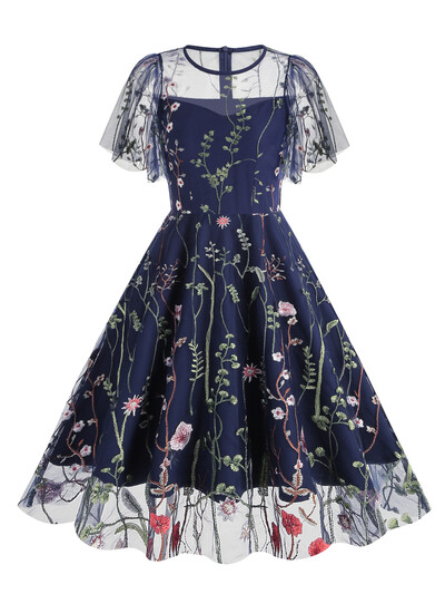 Tonvali õhtupeo elegantsed kleidid Luksuslik 2023. aasta naiste suvine O-kaelusega lühikeste varrukatega lilleline võrk, tikitud vintage pikk kleit