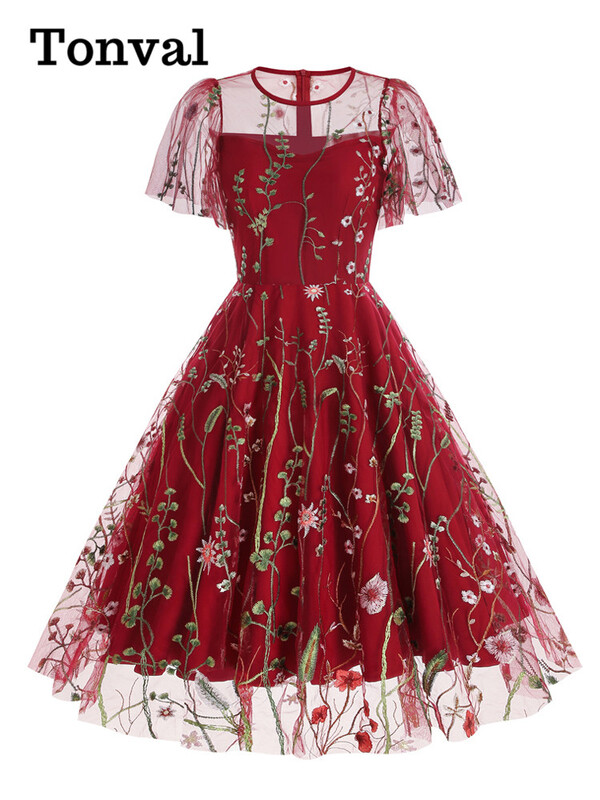 Tonvali õhtupeo elegantsed kleidid Luksuslik 2023. aasta naiste suvine O-kaelusega lühikeste varrukatega lilleline võrk, tikitud vintage pikk kleit