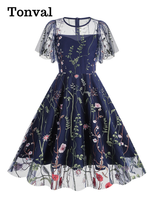 Tonvali õhtupeo elegantsed kleidid Luksuslik 2023. aasta naiste suvine O-kaelusega lühikeste varrukatega lilleline võrk, tikitud vintage pikk kleit