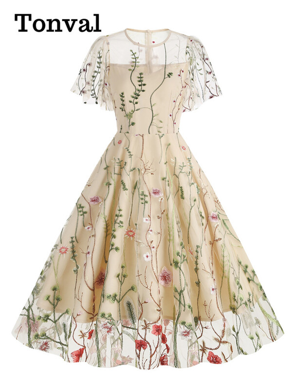 Tonvali õhtupeo elegantsed kleidid Luksuslik 2023. aasta naiste suvine O-kaelusega lühikeste varrukatega lilleline võrk, tikitud vintage pikk kleit