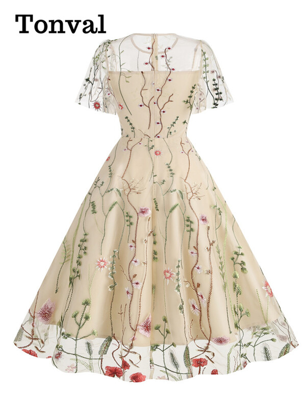 Tonvali õhtupeo elegantsed kleidid Luksuslik 2023. aasta naiste suvine O-kaelusega lühikeste varrukatega lilleline võrk, tikitud vintage pikk kleit