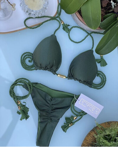 Σέξι κίτρινο τρίγωνο σχέδιο μπικίνι 2024 Γυναικείο μαγιό Luxury Rib padded μπικίνι Σετ Brazilian μαγιό S-XL