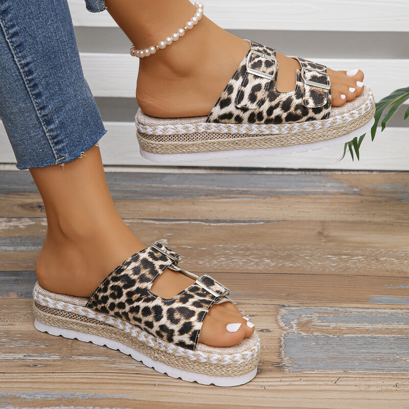 Suvised sussid naiste leopardimustriga platvormiga sussid vabaaja paks tallaga sise- ja välissandaalid, paar liugu rannajalatsid