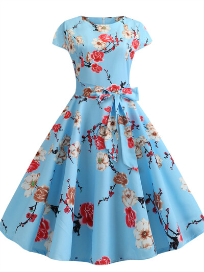 Κομψά ρετρό καλοκαιρινά φορέματα γυναικεία ρετρό στυλ της δεκαετίας του 1950 Κοντές τουαλέτες κοκτέιλ με καρό στάμπα κοντό μανίκι Φόρεμα πάρτι σε γραμμή Α με ψηλόμεσο