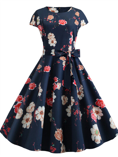 Κομψά ρετρό καλοκαιρινά φορέματα γυναικεία ρετρό στυλ της δεκαετίας του 1950 Κοντές τουαλέτες κοκτέιλ με καρό στάμπα κοντό μανίκι Φόρεμα πάρτι σε γραμμή Α με ψηλόμεσο