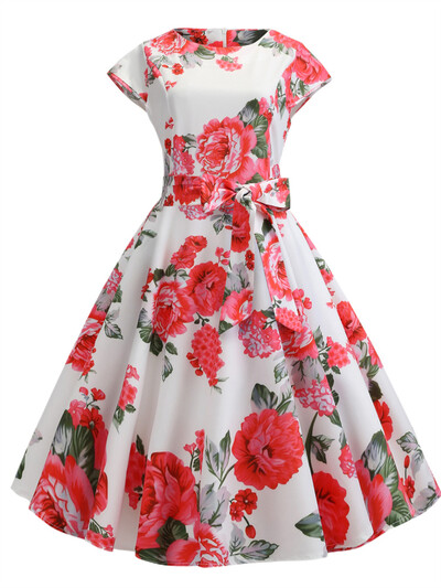 Κομψά ρετρό καλοκαιρινά φορέματα γυναικεία ρετρό στυλ της δεκαετίας του 1950 Κοντές τουαλέτες κοκτέιλ με καρό στάμπα κοντό μανίκι Φόρεμα πάρτι σε γραμμή Α με ψηλόμεσο