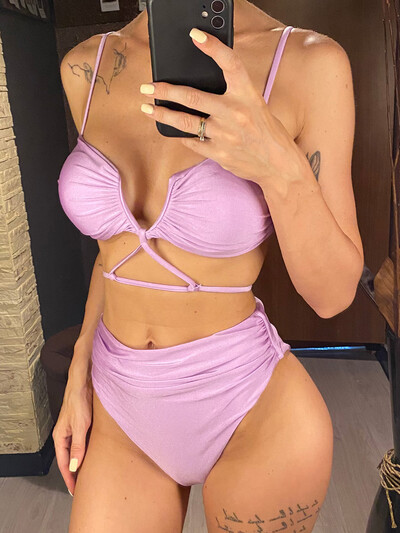 S - XL Naujas V kaklo raukšlėtas moteriškas maudymosi kostiumėlis aukštu juosmeniu, bikinis, moteriškas maudymosi kostiumėlis Dviejų dalių bikinio rinkinys maudymosi kostiumėliui maudytis V5474