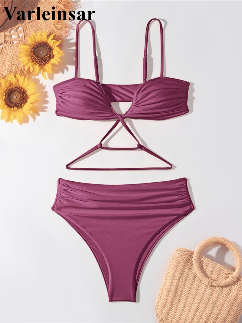 S - XL Naujas V kaklo raukšlėtas moteriškas maudymosi kostiumėlis aukštu juosmeniu, bikinis, moteriškas maudymosi kostiumėlis Dviejų dalių bikinio rinkinys maudymosi kostiumėliui maudytis V5474