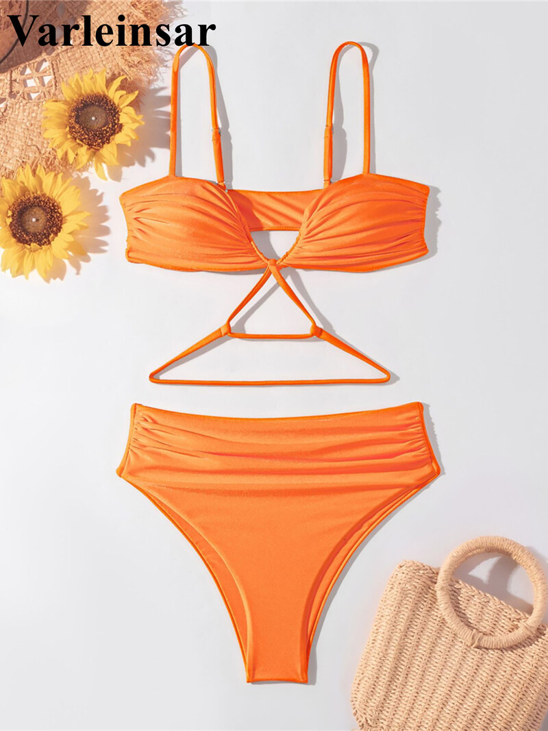 S - XL Naujas V kaklo raukšlėtas moteriškas maudymosi kostiumėlis aukštu juosmeniu, bikinis, moteriškas maudymosi kostiumėlis Dviejų dalių bikinio rinkinys maudymosi kostiumėliui maudytis V5474