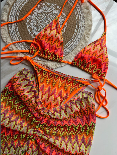 2024 PH Serial Multicolor Imprimare S - XL Fusta plasă din plasă Bikini Halter Costum de baie pentru femei Seturi de bikini triunghi în trei piese