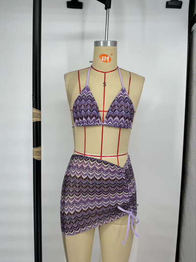 2024 PH Serial Multicolor Imprimare S - XL Fusta plasă din plasă Bikini Halter Costum de baie pentru femei Seturi de bikini triunghi în trei piese