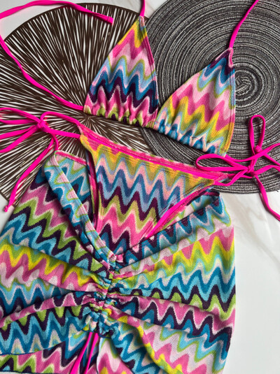 2024 PH Serial Multicolor Imprimare S - XL Fusta plasă din plasă Bikini Halter Costum de baie pentru femei Seturi de bikini triunghi în trei piese