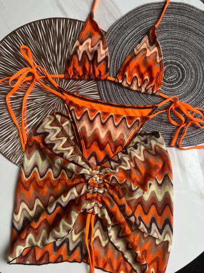 2024 PH Serial Multicolor Imprimare S - XL Fusta plasă din plasă Bikini Halter Costum de baie pentru femei Seturi de bikini triunghi în trei piese