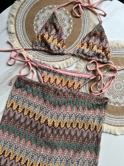 2024 PH Serial Multicolor Imprimare S - XL Fusta plasă din plasă Bikini Halter Costum de baie pentru femei Seturi de bikini triunghi în trei piese