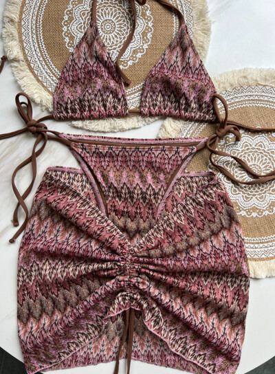 2024 PH Serial Multicolor Imprimare S - XL Fusta plasă din plasă Bikini Halter Costum de baie pentru femei Seturi de bikini triunghi în trei piese