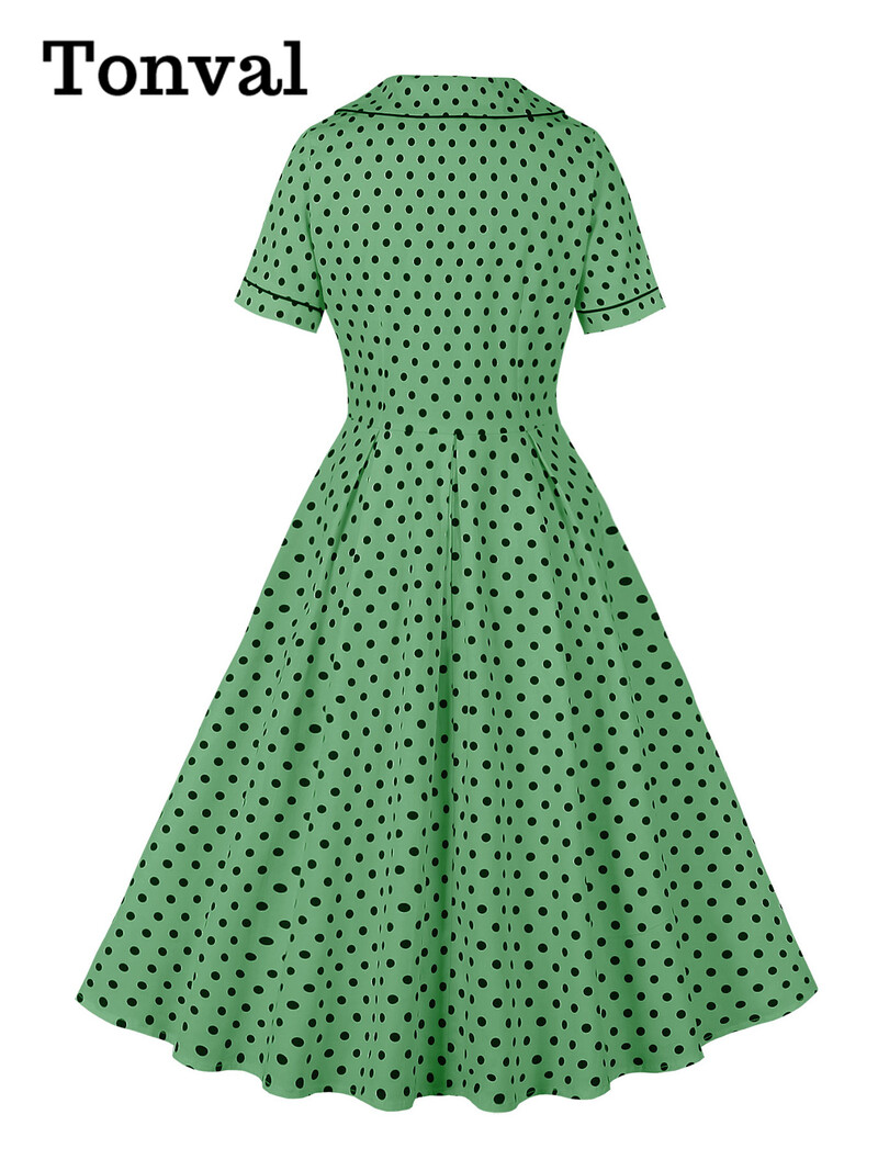 Tonval naiste pikad kleidid, alla keeratud krae, nööbid, ees 40ndate 50ndate kõrge vöökoht täpitrükiga suvine plisseeritud vintage kleit