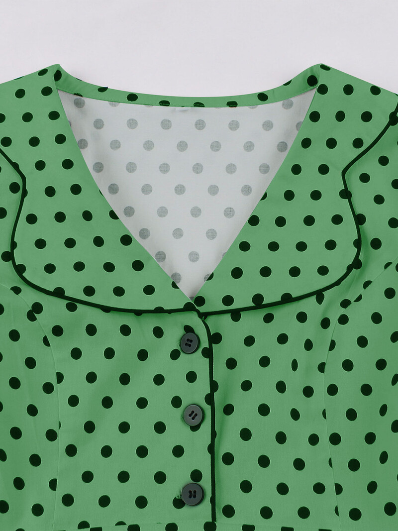 Tonval naiste pikad kleidid, alla keeratud krae, nööbid, ees 40ndate 50ndate kõrge vöökoht täpitrükiga suvine plisseeritud vintage kleit