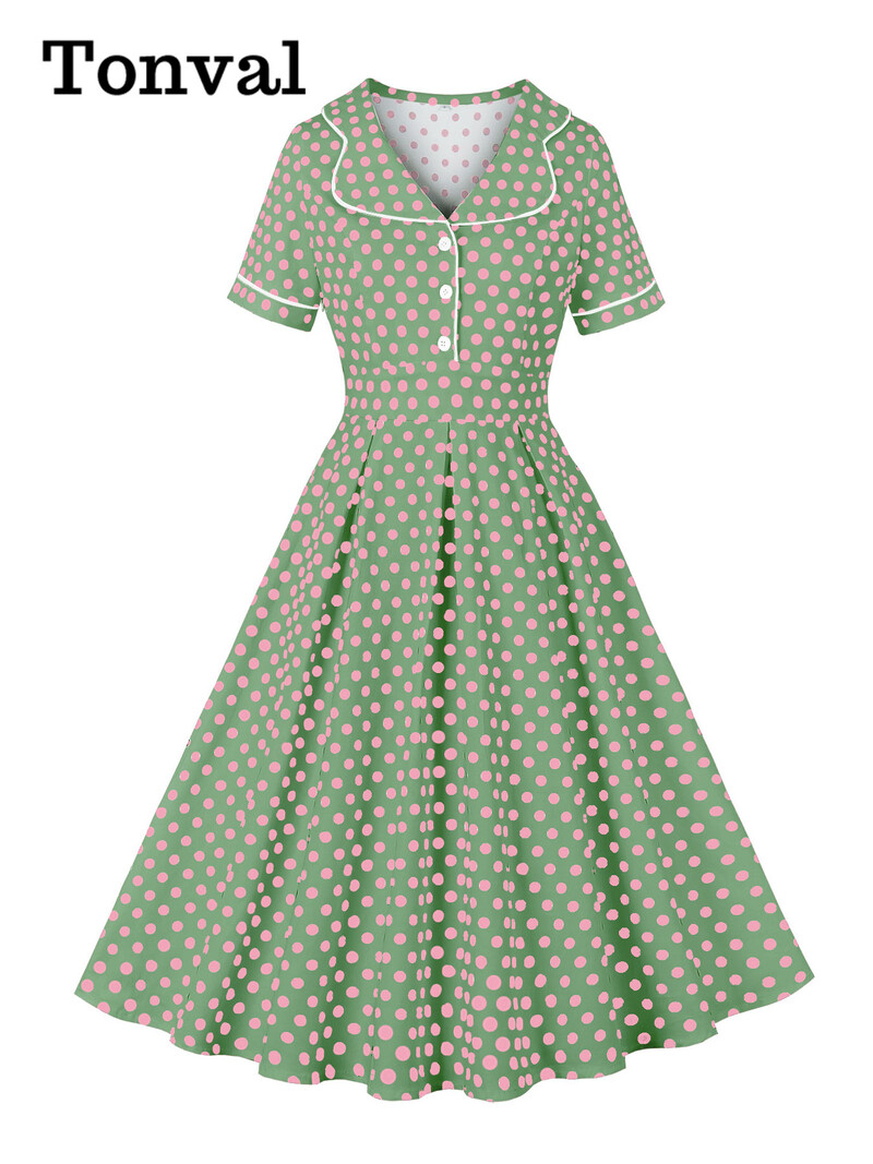 Tonval naiste pikad kleidid, alla keeratud krae, nööbid, ees 40ndate 50ndate kõrge vöökoht täpitrükiga suvine plisseeritud vintage kleit
