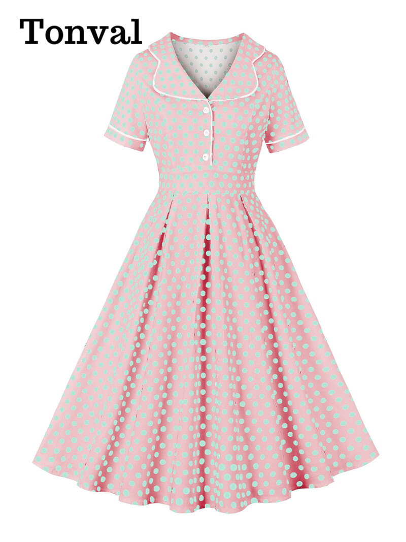 Tonval naiste pikad kleidid, alla keeratud krae, nööbid, ees 40ndate 50ndate kõrge vöökoht täpitrükiga suvine plisseeritud vintage kleit