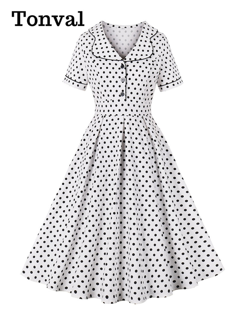 Tonval naiste pikad kleidid, alla keeratud krae, nööbid, ees 40ndate 50ndate kõrge vöökoht täpitrükiga suvine plisseeritud vintage kleit