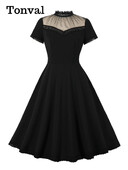 Tonval Δαντελένια βάση γιακά Διχτυωτό Κομψό Μαύρο Vintage Κούνια Φορέματα Βραδινά Γυναικεία Κλειδαροτρύπα Πίσω Καλοκαιρινό μακρύ φόρεμα