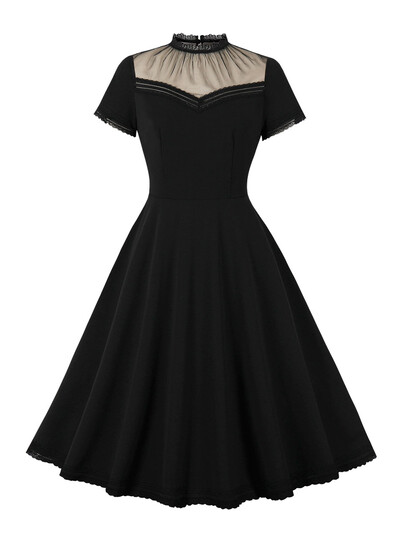 Tonval Δαντελένια βάση γιακά Διχτυωτό Κομψό Μαύρο Vintage Κούνια Φορέματα Βραδινά Γυναικεία Κλειδαροτρύπα Πίσω Καλοκαιρινό μακρύ φόρεμα