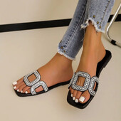 2024 m. vasaros batai moterims Rome Bling Kalnų krištolas Šlepetės Moteriškos Kvadratinės Kojos Lauko Moteriškos Plokščios Slides Didelis 43 Zapatos