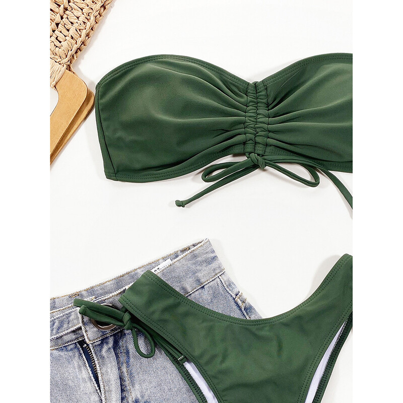 Seksikad bikiinid 2022 naiste ujumisriided Ruched Butt Bandeau ujumisrihmad Naiselikud bikiinid, 2-osaline naiste ujumiskostüüm, rannarõivad