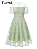 Tonval Mesh O-Gât Volanat Trim Umăr Rece Robă Elegantă Dantela Rochie Lungă Femei Vară Elegantă Petrecere Vintage Rochii Swing