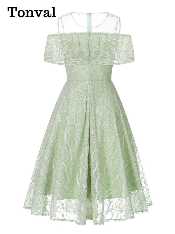 Tonval Mesh O-Gât Volanat Trim Umăr Rece Robă Elegantă Dantela Rochie Lungă Femei Vară Elegantă Petrecere Vintage Rochii Swing