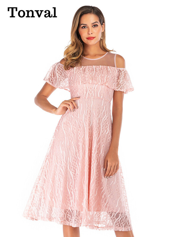 Tonval Mesh O-Gât Volanat Trim Umăr Rece Robă Elegantă Dantela Rochie Lungă Femei Vară Elegantă Petrecere Vintage Rochii Swing