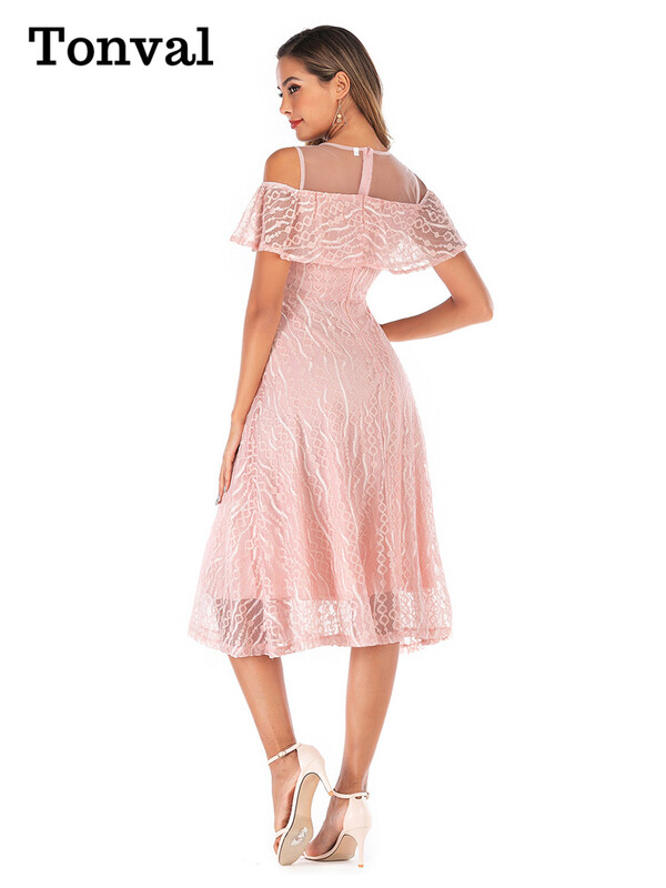 Tonval Mesh O-Gât Volanat Trim Umăr Rece Robă Elegantă Dantela Rochie Lungă Femei Vară Elegantă Petrecere Vintage Rochii Swing