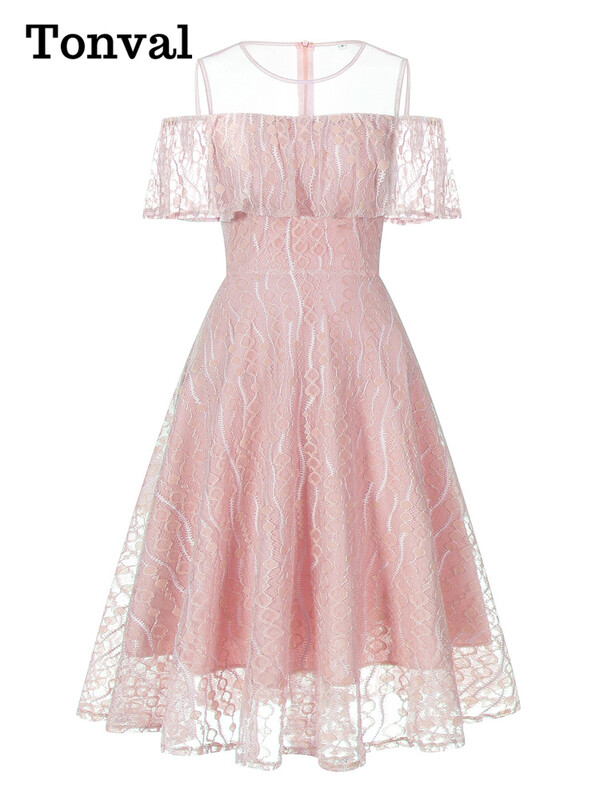 Tonval Mesh O-Gât Volanat Trim Umăr Rece Robă Elegantă Dantela Rochie Lungă Femei Vară Elegantă Petrecere Vintage Rochii Swing