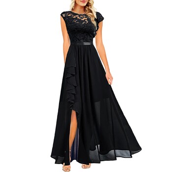 Γυναικείο φόρεμα 2024 Ruffle Long Floral Lace Crew Side Neck Side Maxi φόρεμα για κοκτέιλ φόρεμα για καλεσμένους γάμου φόρεμα για καλεσμένους