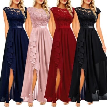 Γυναικείο φόρεμα 2024 Ruffle Long Floral Lace Crew Side Neck Side Maxi φόρεμα για κοκτέιλ φόρεμα για καλεσμένους γάμου φόρεμα για καλεσμένους