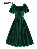 Tonval točkaste baršunasto zelene elegantne večernje božićne zimske haljine za žene Vintage midi swing haljina s kvadratnim izrezom i rukavima s volanima
